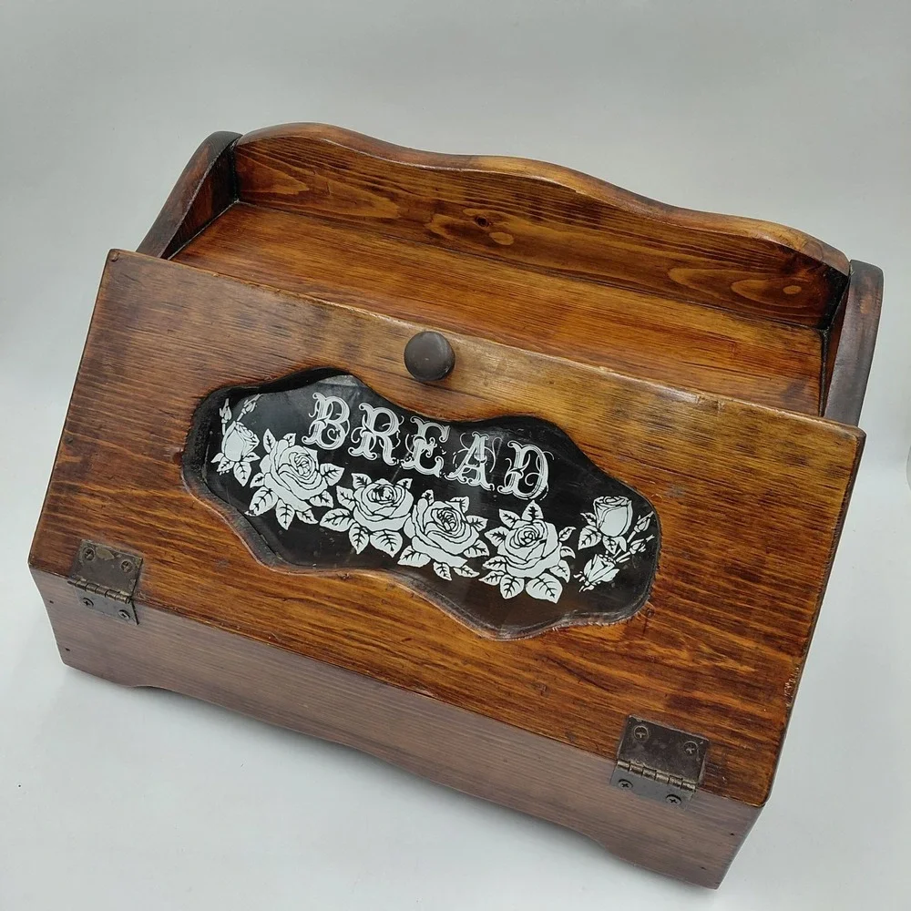 Vtg Wood Bread Box Roses Stenciled Glass Face Farmhouse Breadbox Cottagecore